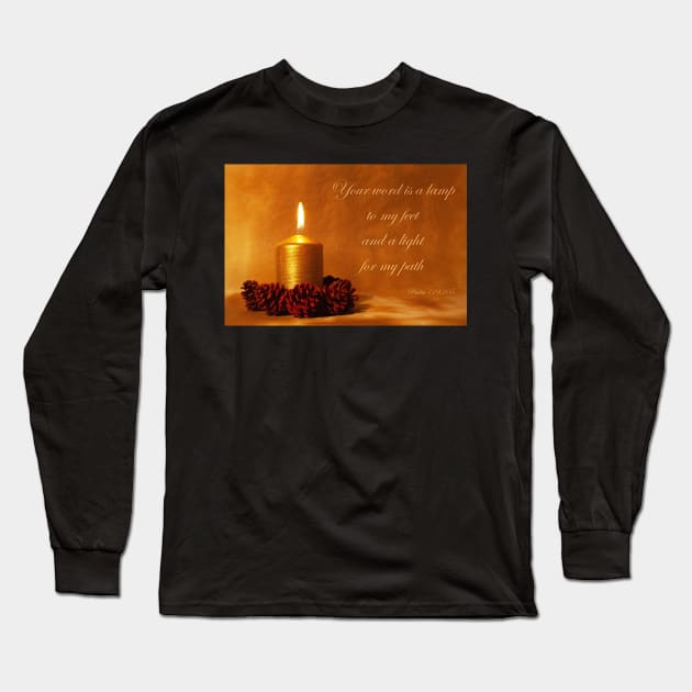 Bible quote with Christmas candle in golden light with pine cones Long Sleeve T-Shirt by SPJE Illustration Photography